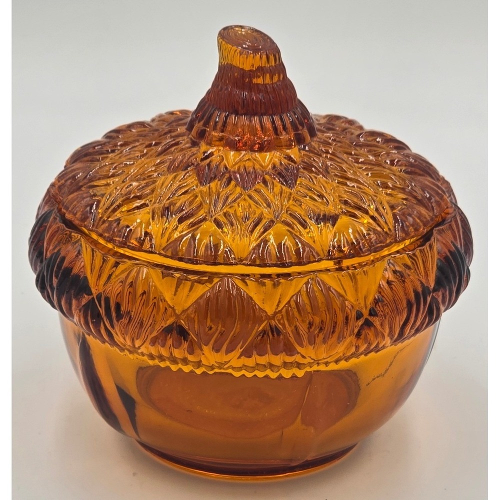 Vintage Indiana Glass Amber Mount Vernon Candy Dish Lid Glass Acorn Fall Decor